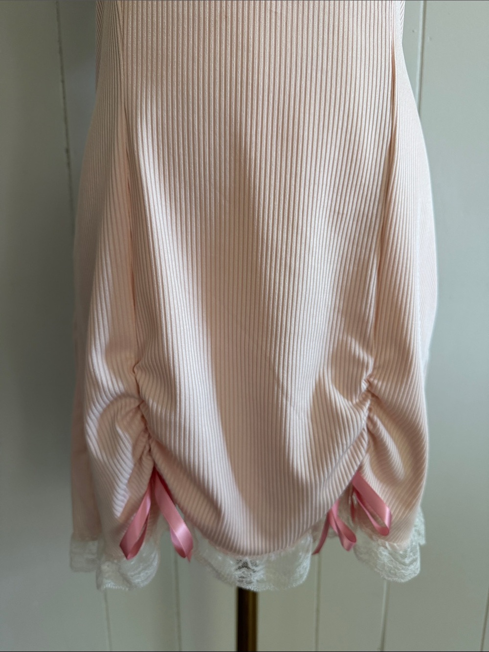 Coquette Cottagecore Pink Ribbed Lace-Trim Slip Dress Soft Girl Size Small - Picture 7 of 12
